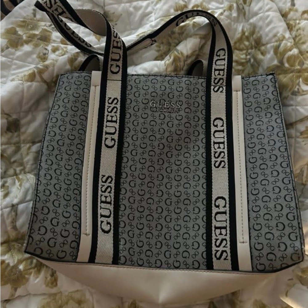 GUESS Gray and White Monogram Tote Bag